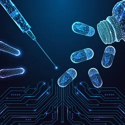 Low poly illustration of medical syringe, capsules, and vial over a digital circuit.