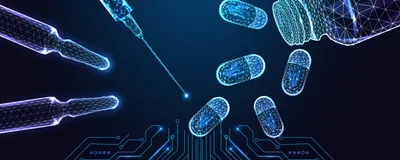 Low poly illustration of medical syringe, capsules, and vial over a digital circuit.