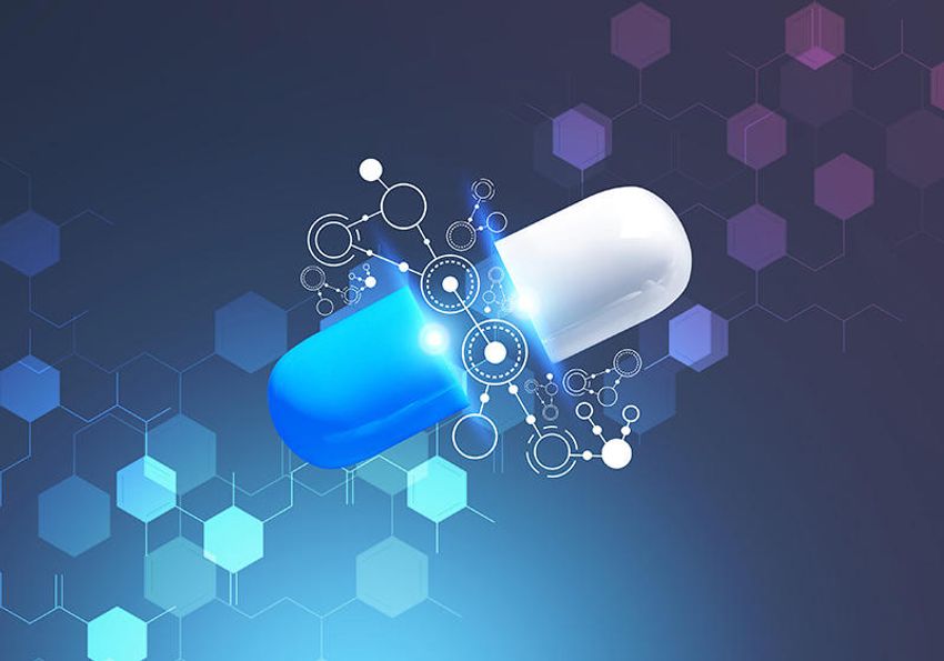 Conceptual 3D image of blue and white pill on a molecular background