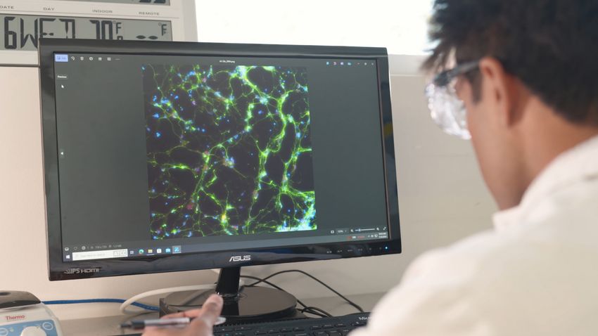 Scientist wearing safety glasses sitting in front of a computer.