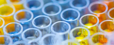 Close-up of multiwell plate wells holding clear and yellow biologic samples for endotoxin testing