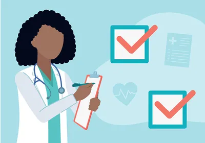 A vector image of a Black doctor writing notes with checkmarks noting her accomplishments on the right.