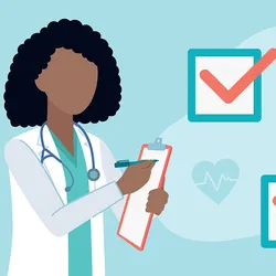 A vector image of a Black doctor writing notes with checkmarks noting her accomplishments on the right.