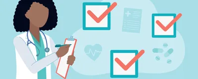 A vector image of a Black doctor writing notes with checkmarks noting her accomplishments on the right.