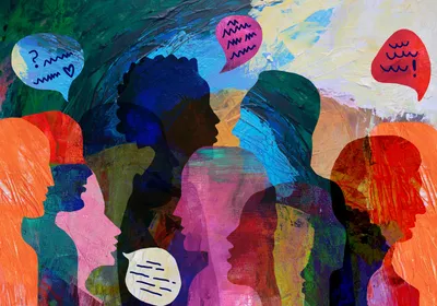 Illustration of people’s silhouettes in different colors with multicolored speech bubbles floating near several individuals. 