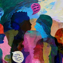 Illustration of people’s silhouettes in different colors with multicolored speech bubbles floating near several individuals. 