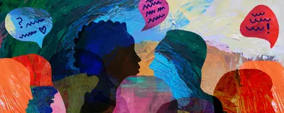 Illustration of people’s silhouettes in different colors with multicolored speech bubbles floating near several individuals. 