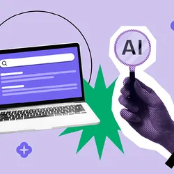 AI powered search engine interface concept, with magnifying glass and laptop showing search screen, highlighting AI-based QED Scores.