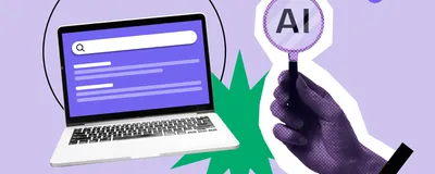 AI powered search engine interface concept, with magnifying glass and laptop showing search screen, highlighting AI-based QED Scores.