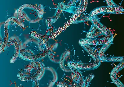 Amino acids in a long chain are shown on a blue background, representing the expanded genetic code.