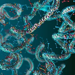 Amino acids in a long chain are shown on a blue background, representing the expanded genetic code.