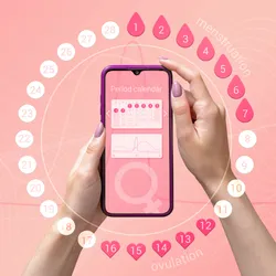 A menstrual cycle tracking mobile app shows a calendar on a smartphone screen.