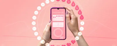 A menstrual cycle tracking mobile app shows a calendar on a smartphone screen.