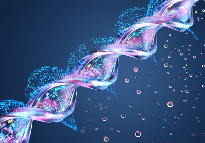 Conceptual 3D image of colorful DNA strand with embedded AI elements.