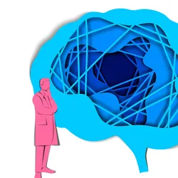 A drawing shows two scientists colored pink analyzing a brain colored blue.