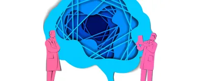 A drawing shows two scientists colored pink analyzing a brain colored blue.