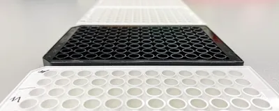 Black and white 96-well microplates on a lab bench illustrating how plate color affects assay signal