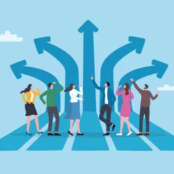 Image of six figures looking up at arrows that point in different directions. Each arrow represents a different career path.