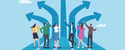 Image of six figures looking up at arrows that point in different directions. Each arrow represents a different career path.