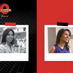 Sangeeta Bhatia smiles in a black and white photo on the left. On the right, she smiles wearing a dark blue top. TS 40th anniversary logo is visible on the top left corner.
