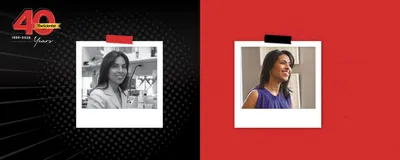 Sangeeta Bhatia smiles in a black and white photo on the left. On the right, she smiles wearing a dark blue top. TS 40th anniversary logo is visible on the top left corner.