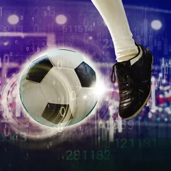 A soccer player kicks a soccer ball with statistics that can help predict the outcome behind them.