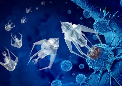 Conceptual illustration showing algae microrobots interacting with tumor cells, representing innovative bladder cancer treatment.