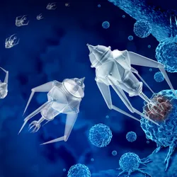 Conceptual illustration showing algae microrobots interacting with tumor cells, representing innovative bladder cancer treatment.