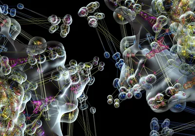 3D illustration of gray protein shapes overlaid with colorful ball-and-stick models showing their atomic interactions to represent molecular dynamic simulations of protein interactions with drugs. 