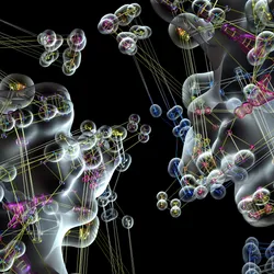 3D illustration of gray protein shapes overlaid with colorful ball-and-stick models showing their atomic interactions to represent molecular dynamic simulations of protein interactions with drugs. 