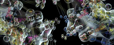 3D illustration of gray protein shapes overlaid with colorful ball-and-stick models showing their atomic interactions to represent molecular dynamic simulations of protein interactions with drugs. 
