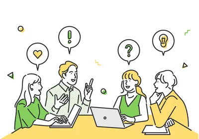 Simple cartoon image of four adult students sitting around a table with laptops. They have speech bubbles above their heads with green and yellow icons of a heart, an exclamation point, a question mark, and a lightbulb. Their clothes are in either green or yellow. 