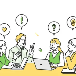 Simple cartoon image of four adult students sitting around a table with laptops. They have speech bubbles above their heads with green and yellow icons of a heart, an exclamation point, a question mark, and a lightbulb. Their clothes are in either green or yellow. 