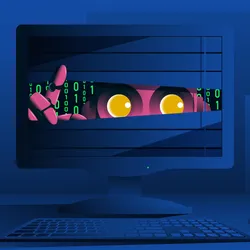 An AI agent-like robot looks through a computer screen with binary code behind it, representing hidden AI prompts.