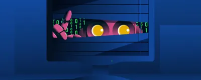 An AI agent-like robot looks through a computer screen with binary code behind it, representing hidden AI prompts.
