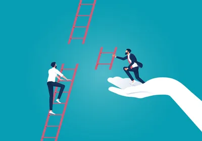 One postdoctoral researcher climbs a ladder with a missing rung. Another postdoc holds the missing rung and is being held up by a large hand, representing efforts to fix the broken career ladder that postdocs face.