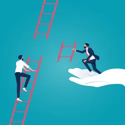 One postdoctoral researcher climbs a ladder with a missing rung. Another postdoc holds the missing rung and is being held up by a large hand, representing efforts to fix the broken career ladder that postdocs face.