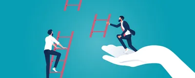One postdoctoral researcher climbs a ladder with a missing rung. Another postdoc holds the missing rung and is being held up by a large hand, representing efforts to fix the broken career ladder that postdocs face.