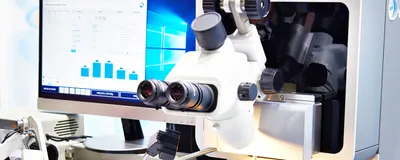 A microscope, signifying the commercially available 4Pi microscope.