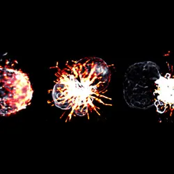 Three grey-colored circular structures with fiery red projections emerging from one side of each against a black background captured using lattice light-sheet microscopy. 