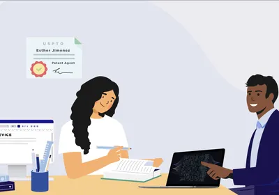 Illustration of Esther Jimenez, with long dark hair and in a white shirt, taking notes behind her desk while a client across from her in a business suit describes a new invention. A laptop beside him shows an example of DNA sequencing. A monitor next to Jimenez is open to a Word document with the text “New Device” at the top. Behind Jimenez is a certificate identifying her as a patent agent by the USPTO.
