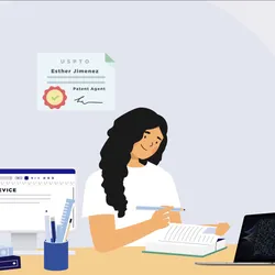 Illustration of Esther Jimenez, with long dark hair and in a white shirt, taking notes behind her desk while a client across from her in a business suit describes a new invention. A laptop beside him shows an example of DNA sequencing. A monitor next to Jimenez is open to a Word document with the text “New Device” at the top. Behind Jimenez is a certificate identifying her as a patent agent by the USPTO.