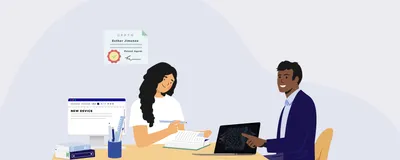 Illustration of Esther Jimenez, with long dark hair and in a white shirt, taking notes behind her desk while a client across from her in a business suit describes a new invention. A laptop beside him shows an example of DNA sequencing. A monitor next to Jimenez is open to a Word document with the text “New Device” at the top. Behind Jimenez is a certificate identifying her as a patent agent by the USPTO.