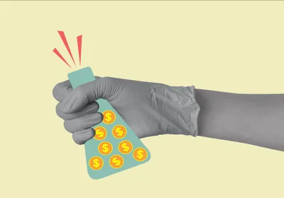 A gloved hand in gray holds a teal cartoon flask filled with icons of gold coins with dollar signs on them against a pale yellow background. Three light red lines extend out from the flask, as if the flask were a microphone with sound coming out. 
