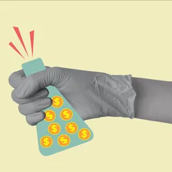 A gloved hand in gray holds a teal cartoon flask filled with icons of gold coins with dollar signs on them against a pale yellow background. Three light red lines extend out from the flask, as if the flask were a microphone with sound coming out. 