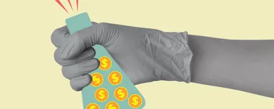 A gloved hand in gray holds a teal cartoon flask filled with icons of gold coins with dollar signs on them against a pale yellow background. Three light red lines extend out from the flask, as if the flask were a microphone with sound coming out. 