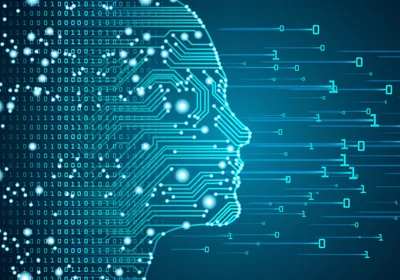 A human face outlined with a circuit board and binary data flow, symbolizing the concept of human-guided AI use.