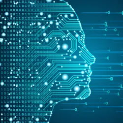 A human face outlined with a circuit board and binary data flow, symbolizing the concept of human-guided AI use.