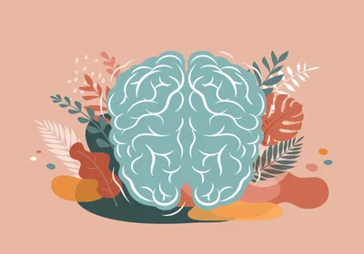 A drawing of a blue-colored brain is shown surrounded by plants on a beige-colored background.