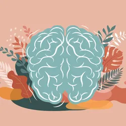 A drawing of a blue-colored brain is shown surrounded by plants on a beige-colored background.